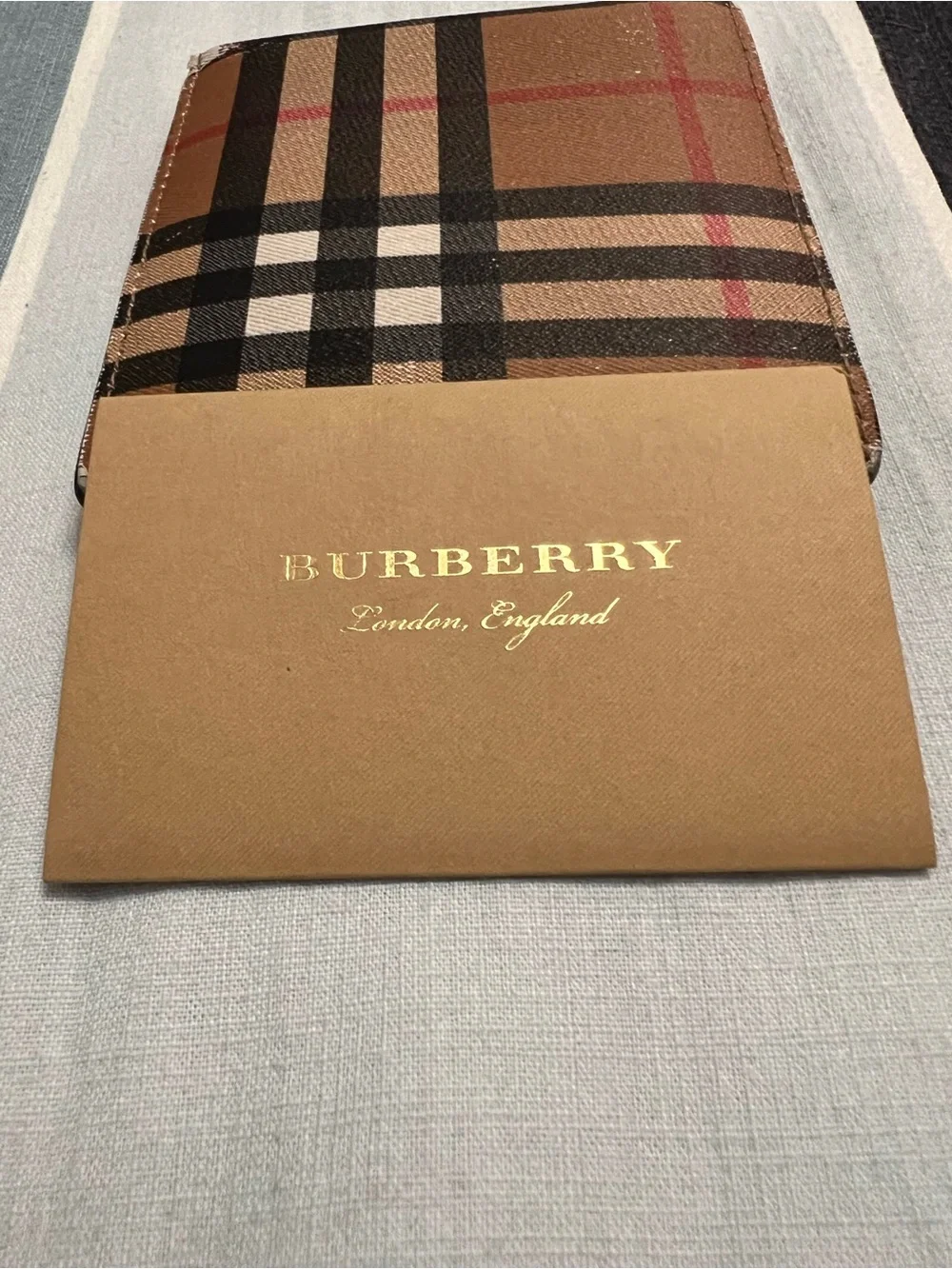 Burberry Check Compact Bi-Fold Wallet in Tan, Black and Red